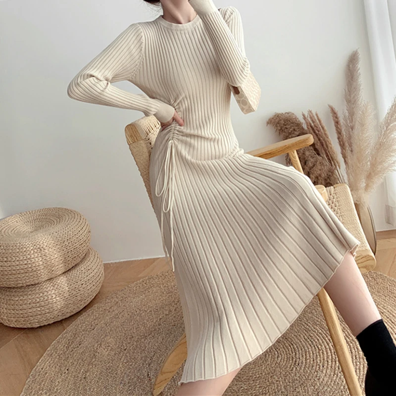 

Casual Lazy Home Knitted Shirring Dress Sexy Slim Comfortable Woman Sweater Spring Autumn Clothes