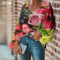 forudesigns large size women blouse rose pattern flower printing 2020 casual loose long sleeve shirt tops v neck female clothing