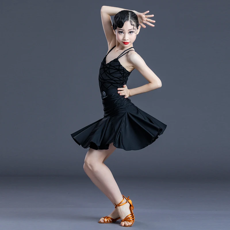 

Girls Latin Dance Practice Clothes Suspender Dress Black 2 Pcs Suit Samba Cha Cha Rumba Training Wear Competition Dress 120-170