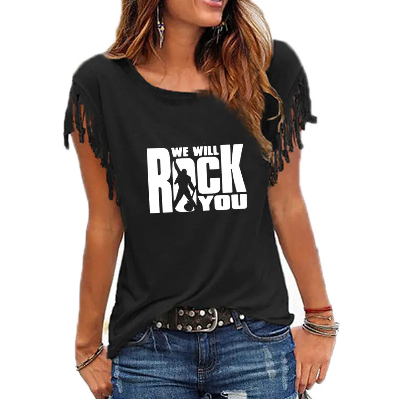 Женская хлопковая Футболка с кисточками We Will Rock You Повседневная футболка