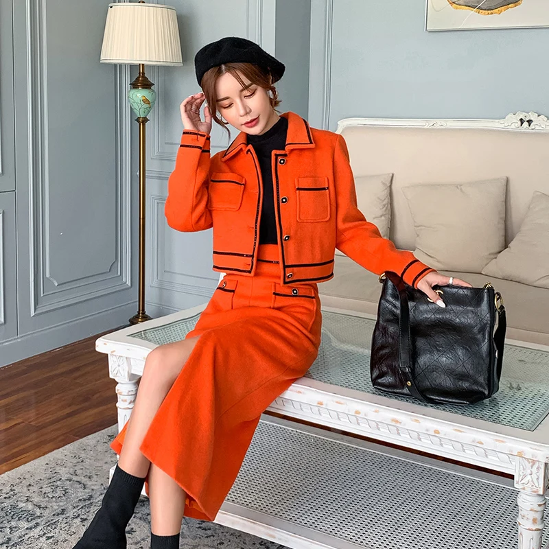 

CBAFU designer runway two piece set autumn winter orange sequined short wool coat woolen split long skirt suit tweed jacket M235