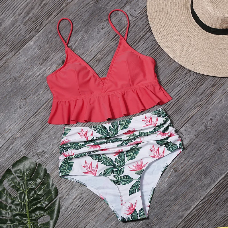 

2021 Newest Bikini Sexy Summer Floral Ruffled Hem Bikini Set Sexy Swimwear V-neck Two Piece Swimsuit Beach Bathing Suit Swimwear