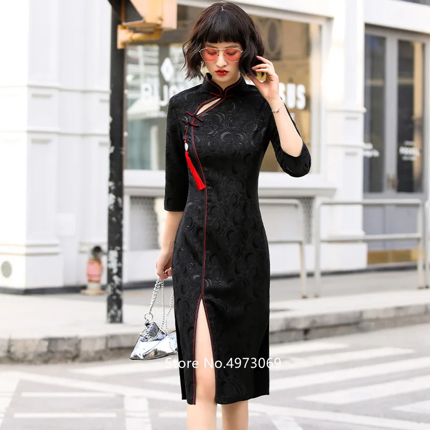 Женское китайское традиционное платье Чонсам с рукавом три четверти ботильоны