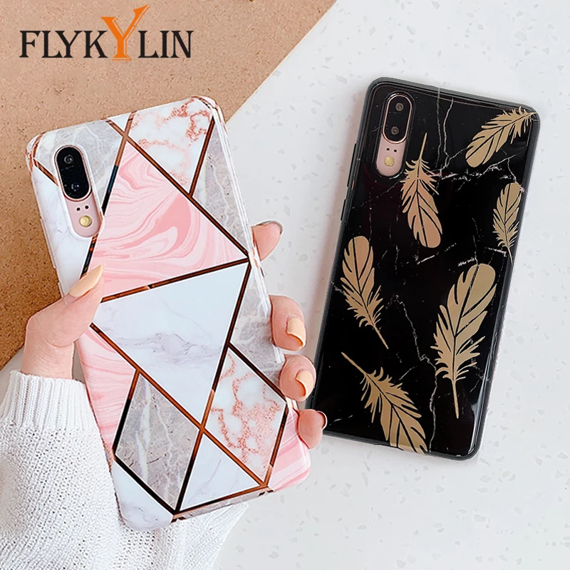 FLYKYLIN Plating Case For Huawei Mate 20 Nova 3e 4e Back Cover on P20 Lite P30 Pro Pink Purple Marble IMD Silicone Phone Coque |