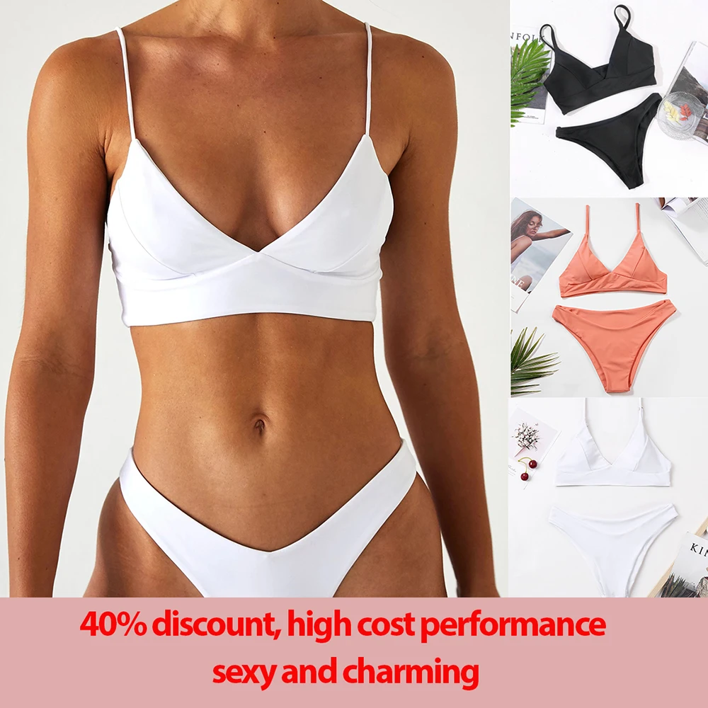 Купальник-бикини женский однотонный с завышенной талией на шнуровке халтер