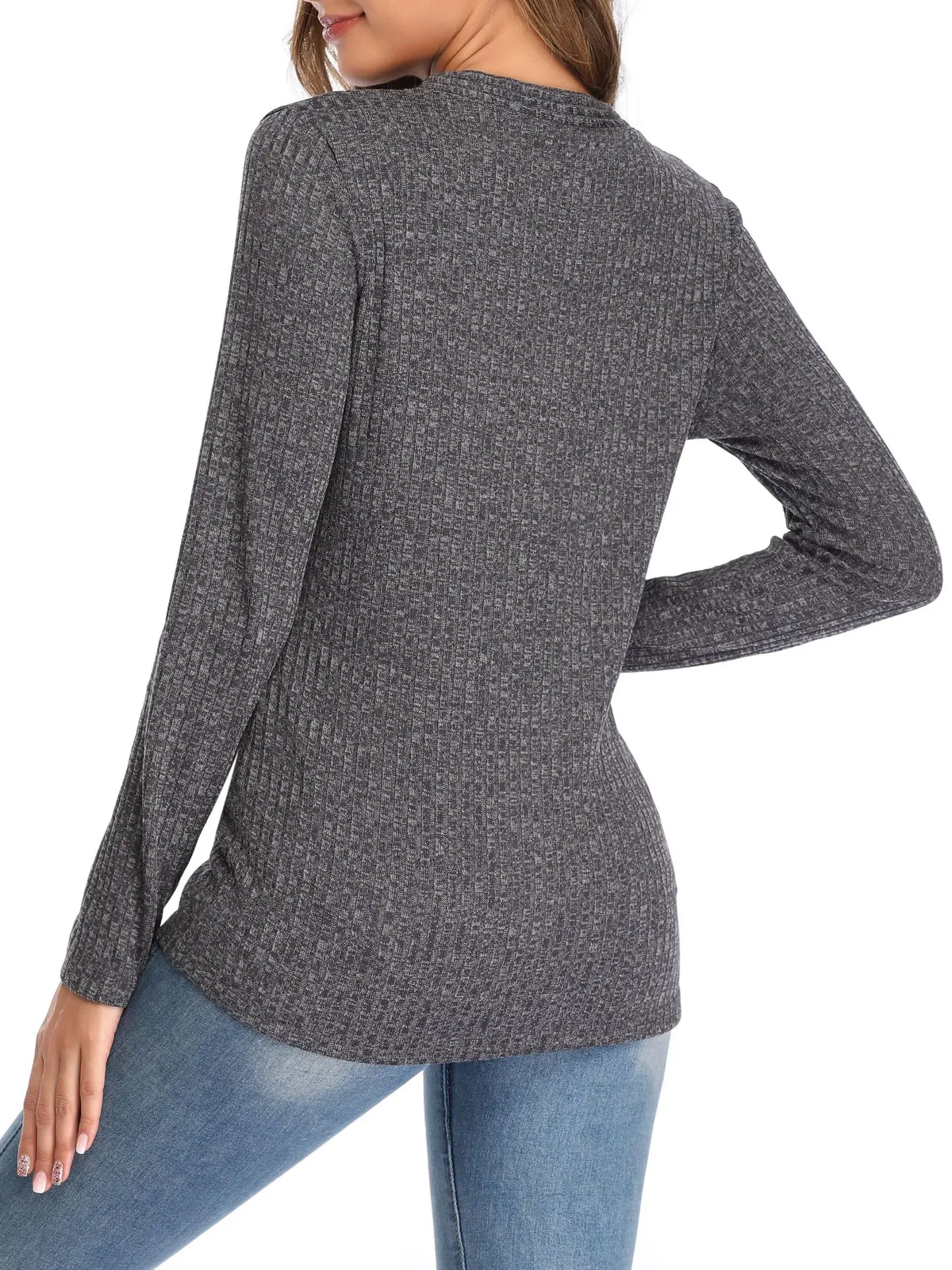 

Donsignet Women's Sweater New Fashion Spring and Autumn Buttons Slim Stretch Knit Long SleevesV-neck Pullover Solid Color