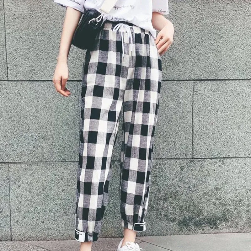 

Women Casual Loose Plaid Print Lace Up High Waist Elastic Harem Pants Black Red Capris Fashion Femme Plaid Trouser S1
