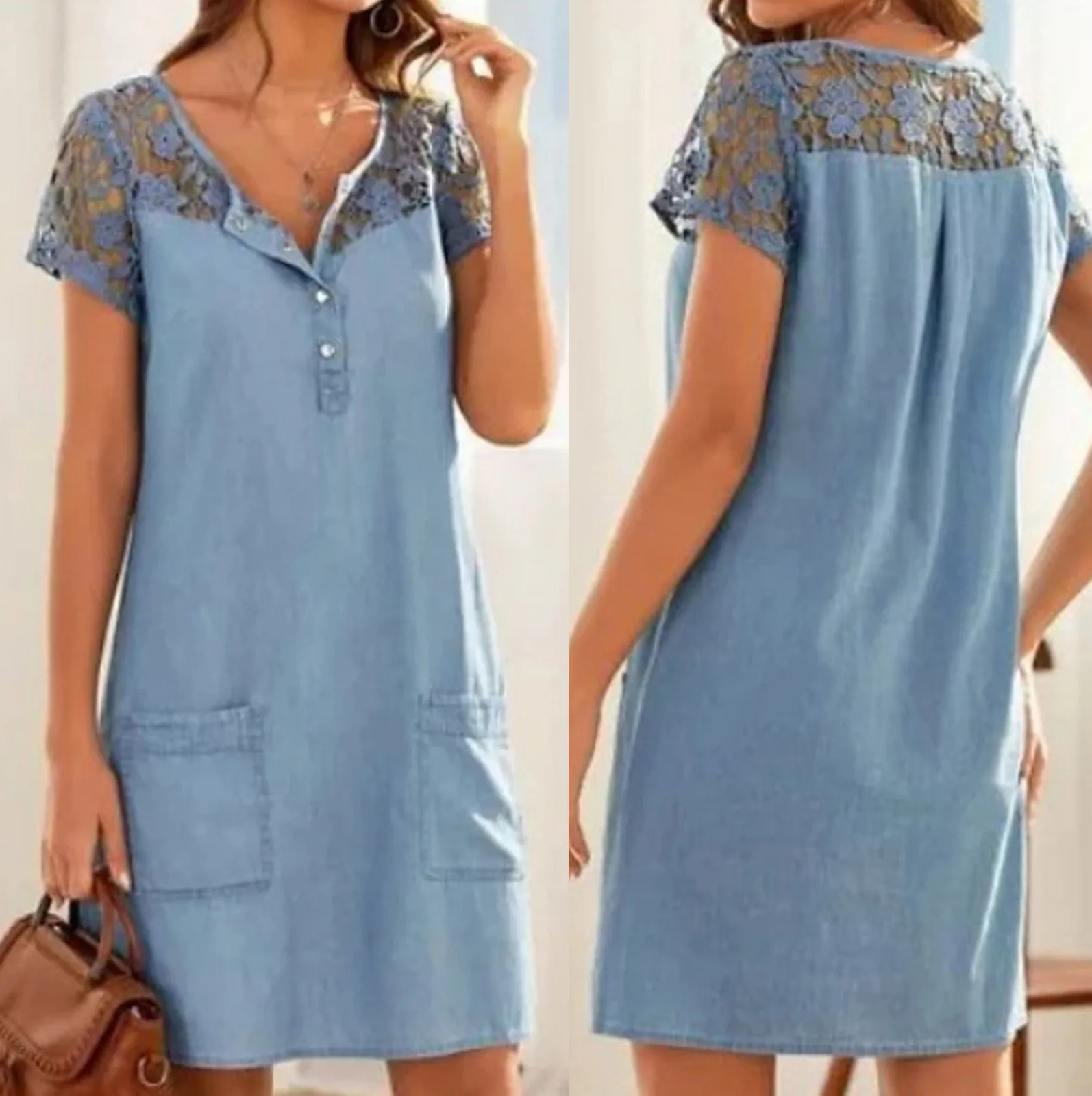 Short Dresses For Women Casual Elegant Plus Size V Neck Sleeve Dress Denim Faux Jean Pocket Solid Color Loose Skirt | Женская одежда