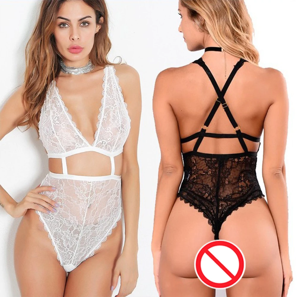 

Lace Women's Sexy Lingerie Deep V-neck Back Hollow Embroidered Floral One-Piece Bodysuit Babydoll Set Exotic Pajamas Inner Dress