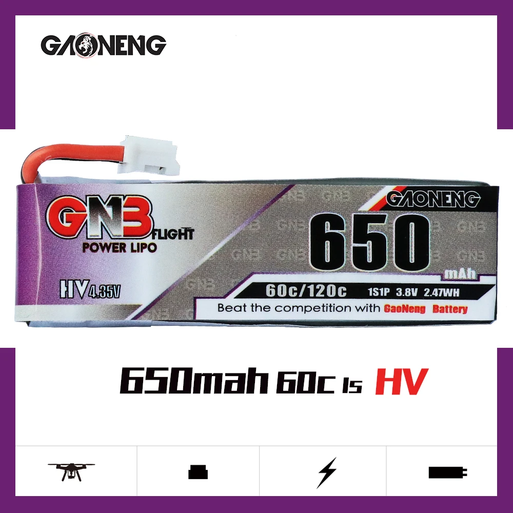 

GAONENG GNB 1S 650mAh 3.8V 60C/120C HV Lipo Battery PH2.0 Plug For Tinyhawk Happymodel Snapper7 E010 M80S Tiny7 Beta85 RC Drone