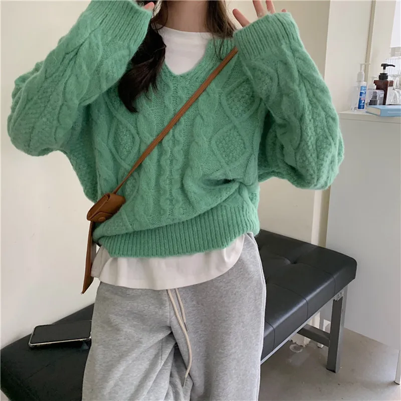 

HziriP New Autumn Soft Loose Twist V-Neck Women Long Sleeve Sweater 2021 Chic Fashion Casual Korean Solid Color Lady Sweater