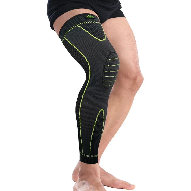 

Hot elastic yellow-green stripe sports lengthen knee pad leg sleeve non-slip bandage compression leg warmer for men and women