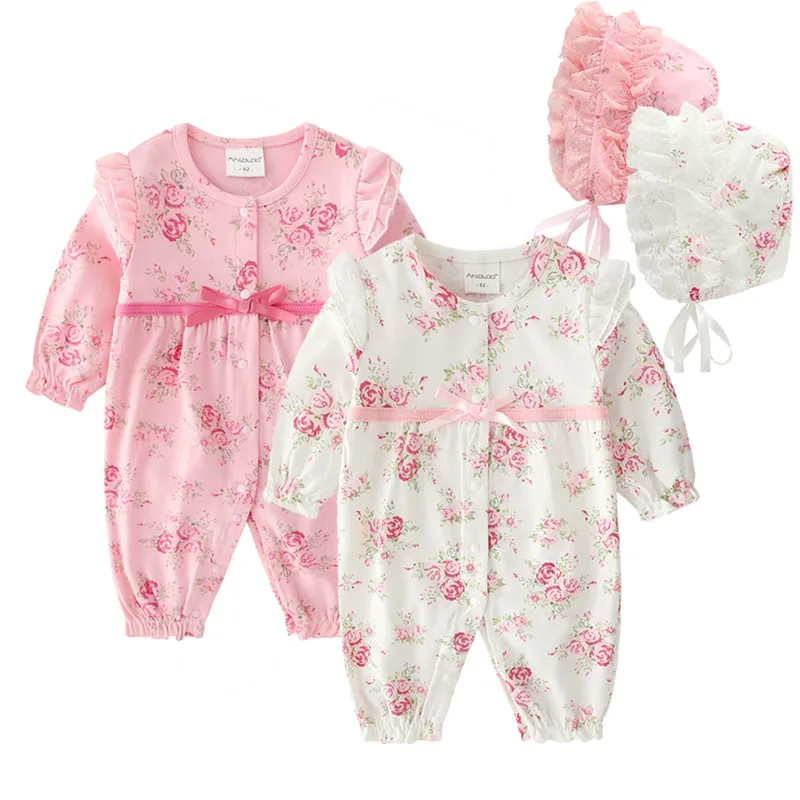 

Floral Ribbon Newborn Baby Girl Clothes Ruffles Long Sleeve Princess Jumpsuit Autumn Infant Girls Bodysuit+ Hats
