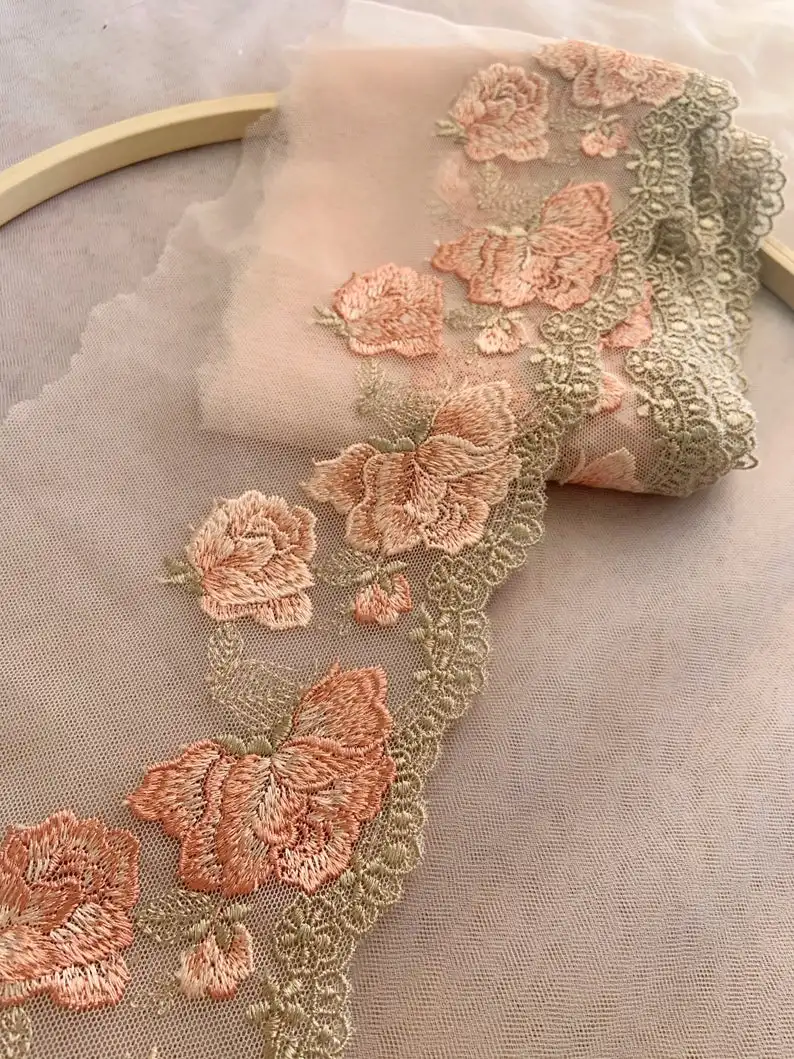 

3 yards Soft Mesh Lace Trim With Peach Pink Peony Rose Lingerie Lace Trim