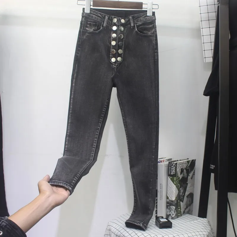 Модные женские джинсовые брюки с высокой талией на пуговицах узкие джинсы в