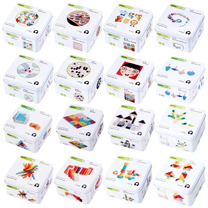 

Children's Wooden Jigsaw Puzzle Domino Tangram Toy Early Education Interactive Game Travel Tin Box Wooden Educational Toy