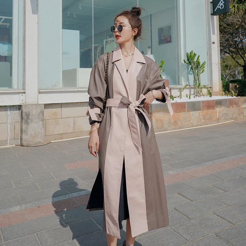 

Women's Leather Windbreaker Spring Autumn 2021New Splicing Contras Fashion with A Belt Korean Loose High-quality Lining Jacket9I