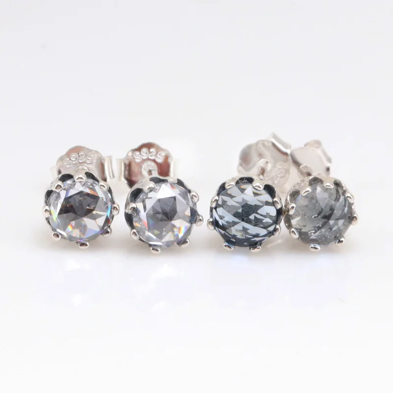 

925 Sterling Silver Pan Earring Blue Sparkling Crown Stud Earrings With Crystal For Women Wedding Gift Fashion Jewelry