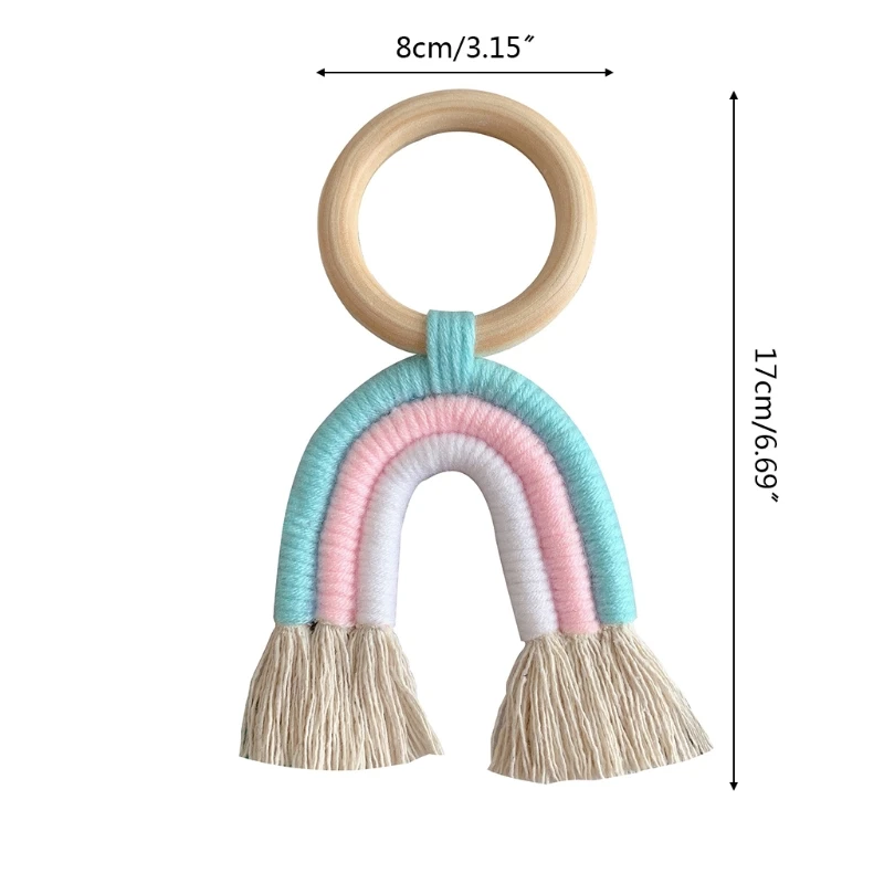 

Baby Teething Ring Rainbow Tassel Wooden Nursing Teether Toy Stroller Pendant Q81A