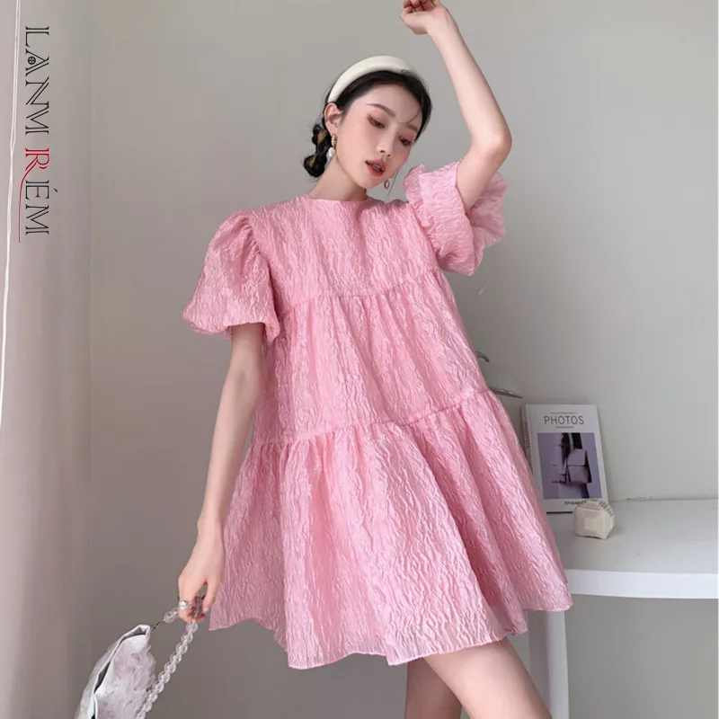 

LANMREM женское новое платье, розовое платье с рукавами-пузырьками, милое плиссированное платье принцессы во французском стиле, свободное модн...