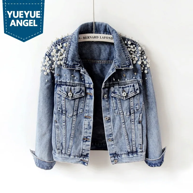 

Harajuku Women Short Denim Jacket Casual High Street Slim Fit Crystal Pearls Beading Jean Jacket Female Outerwear Coat Tops 3XL