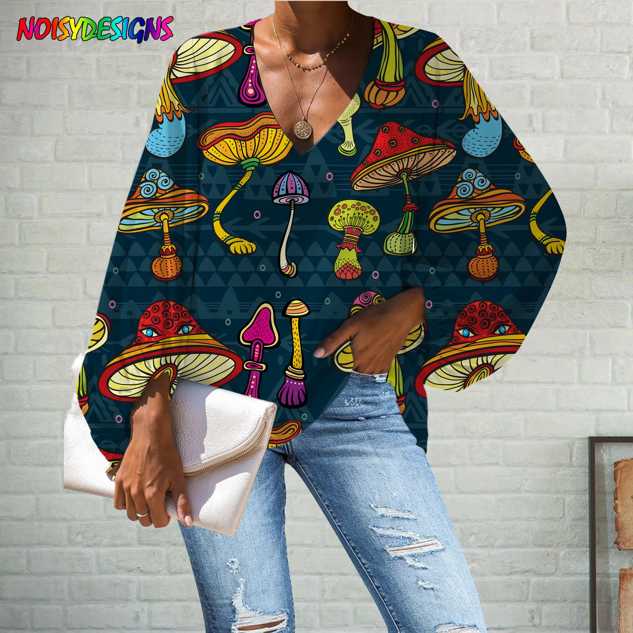 

NOISYDESIGNS Harajuku Blouse Women Vintage Colorful Mushroom Print Blouse Shirt Plus Size Chiffon Blusas Casual Tops 2021