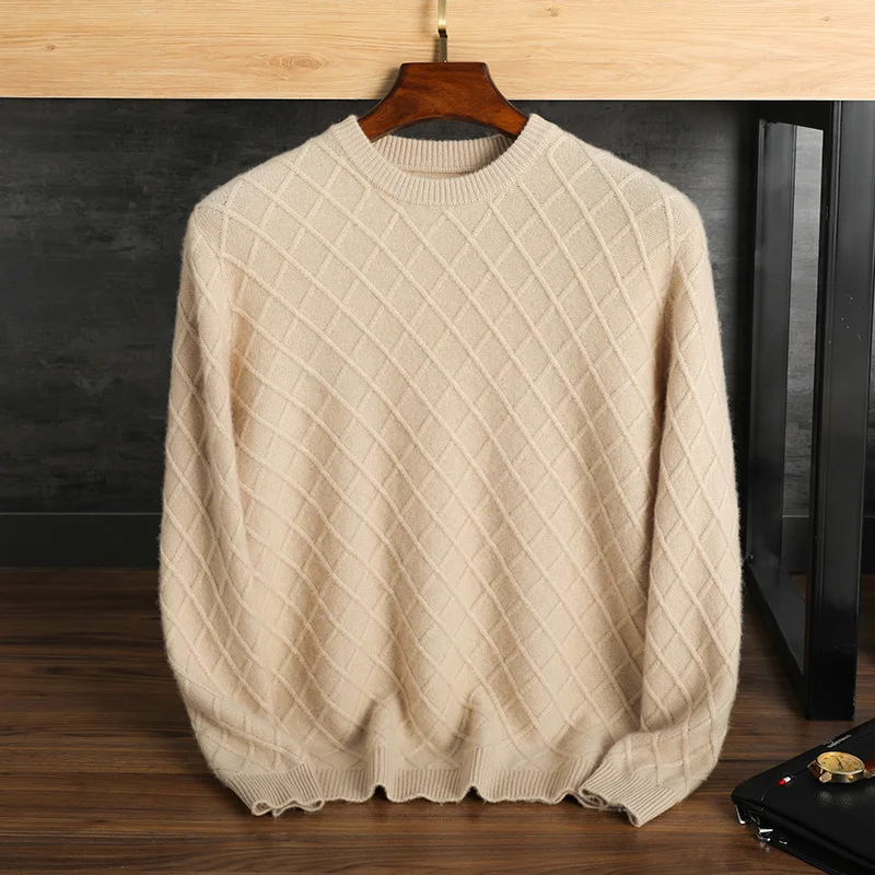 

Zocept Warm Thick Argyle Knitted Sweater Tops Men Winter Fashion O Neck Basic Pure Merino Wool Pullovers Male's Jumper Clothing