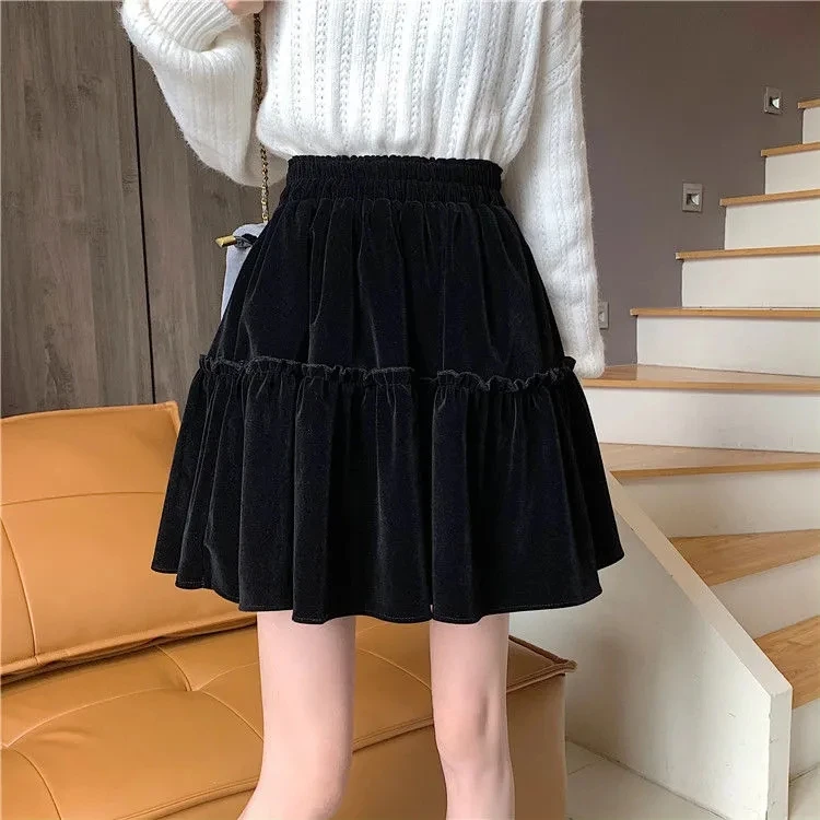 

2021 New Winter Women's pleuche Skirt Vintage Stylish High Waist Solid Color Ruffles Ladies A-Line Mini Skirts Female CY44