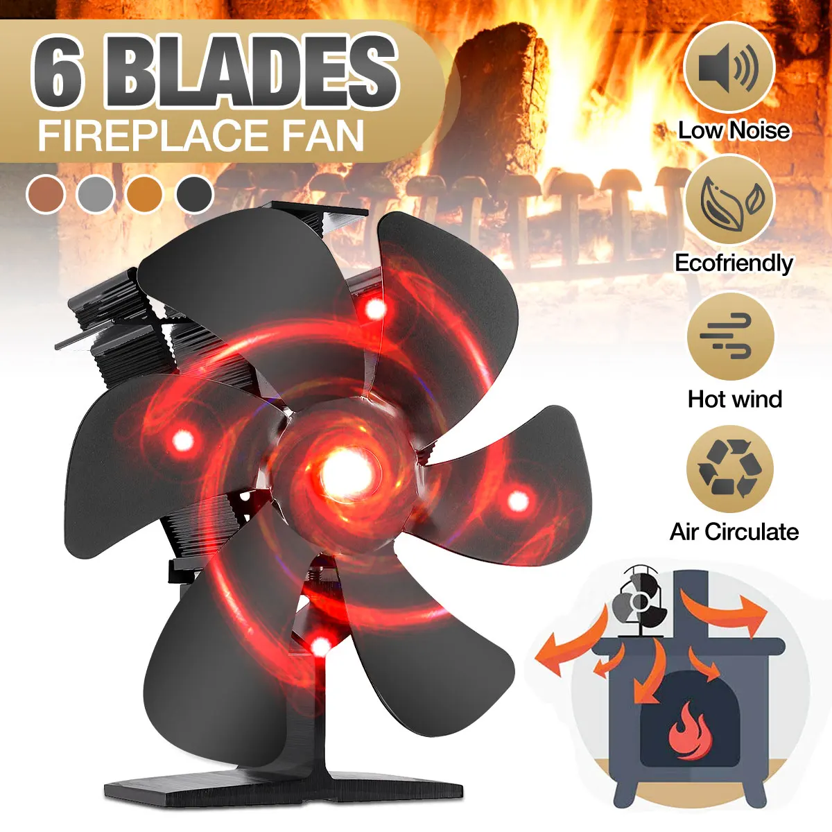 

Black Fireplace 6 Blade Heat Powered Stove Fan komin Log Wood Burner Eco Friendly Quiet Fan Home Efficient Heat Distribution