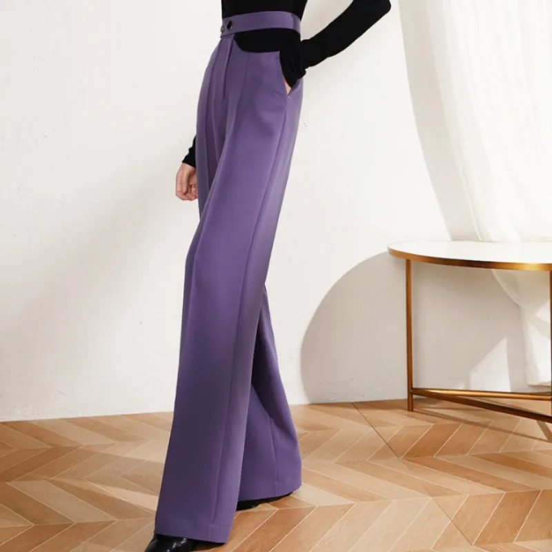 

Elegant Casual Wide Leg Pants Women Spring Autumn New Design High Waist Hollow Out Three Buttons Ladies Solid Straight Trousers