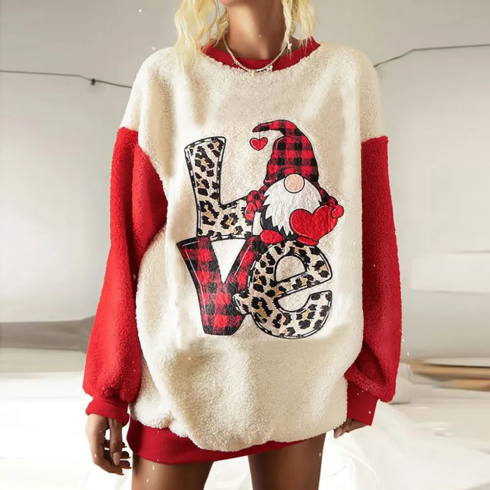 

Christmas Listing Women Fall Hoodie Fashion Casual Long Sleeve Round Neck Letter Figure Printing Patchwork Festival Top For Lady