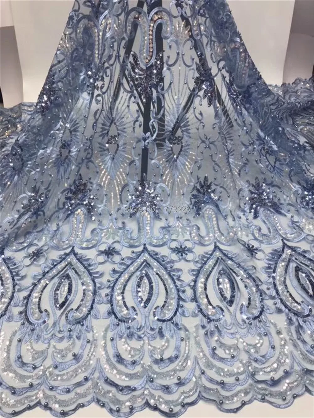 

Новое поступление африканская Тюлевая кружевная ткань высокого качества 2019 небесно-синяя кружевная ткань с блестками/бисером для моды ниг...