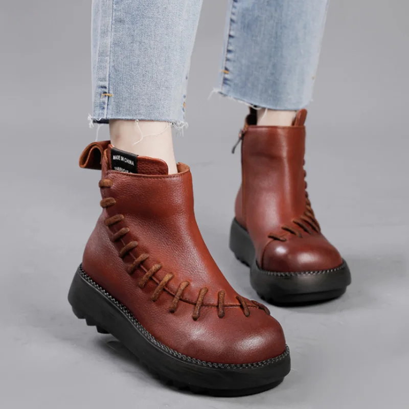 

Retro Warm Shoes Genuine Leather Zip Round Toe Wedges Women Boots 2022 New Winter Handmade Leisure Concise Platform Boots Mujer