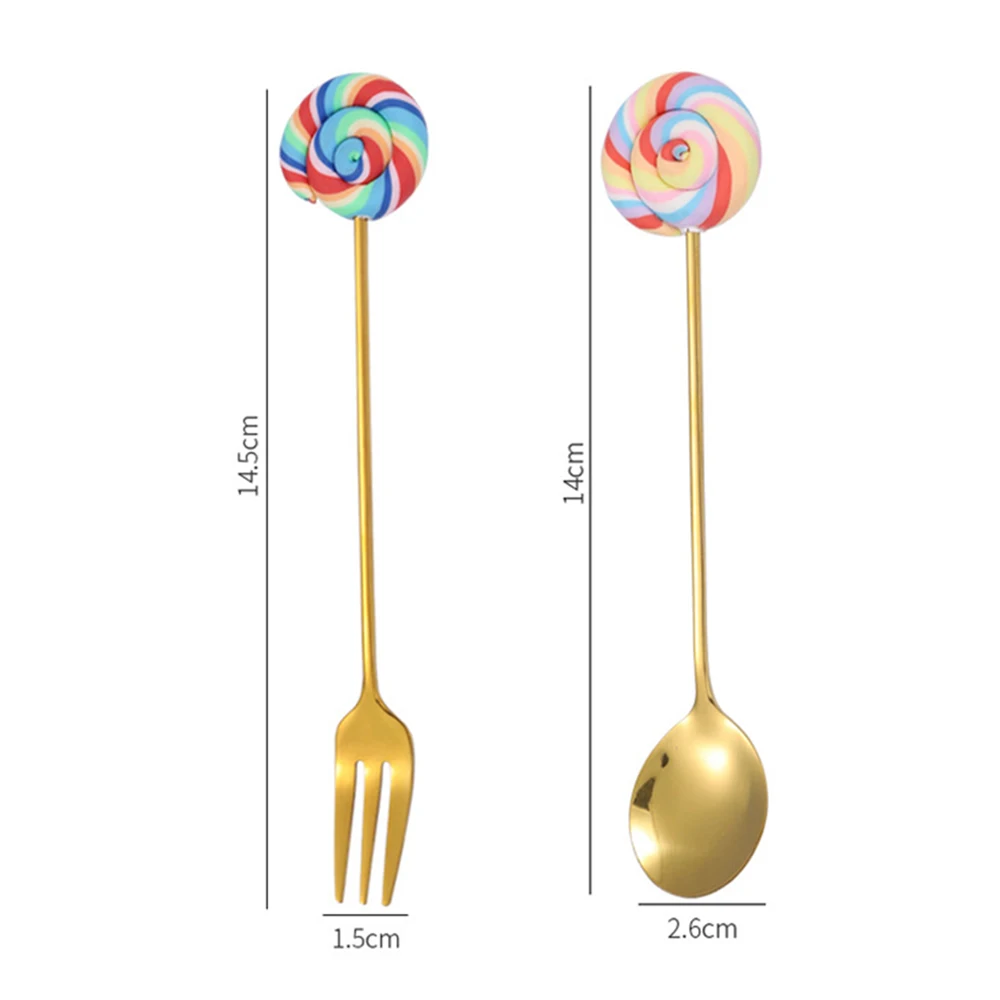 

4PCS Cute Stainless Steel Spoon Fork Set Cute Lollipop Ice Cream Fruit Coffee Stirring Spoon Teaspoon For Dessert Cake Tableware