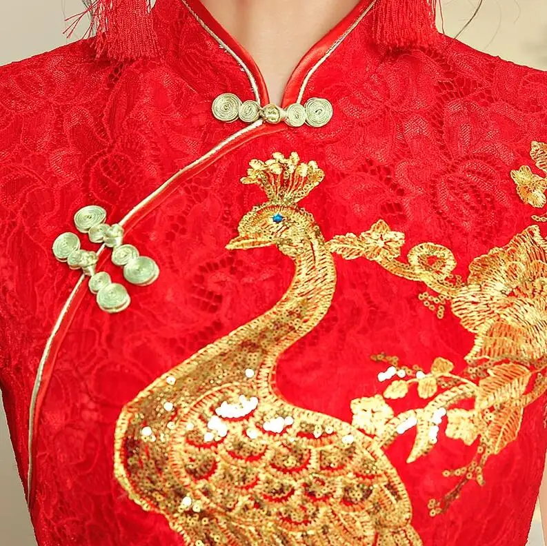 

Sleeve Long Short Red Female Cheongsam Gold Slim Chinese Traditional Dress Women Qipao for Wedding Party