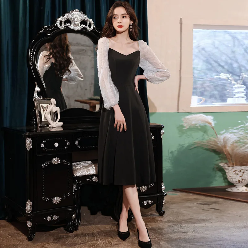 

Женское вечернее платье с рукавами-фонариками, плиссированное платье средней длины с жемчужными блестками и V-образным вырезом, сексуально...