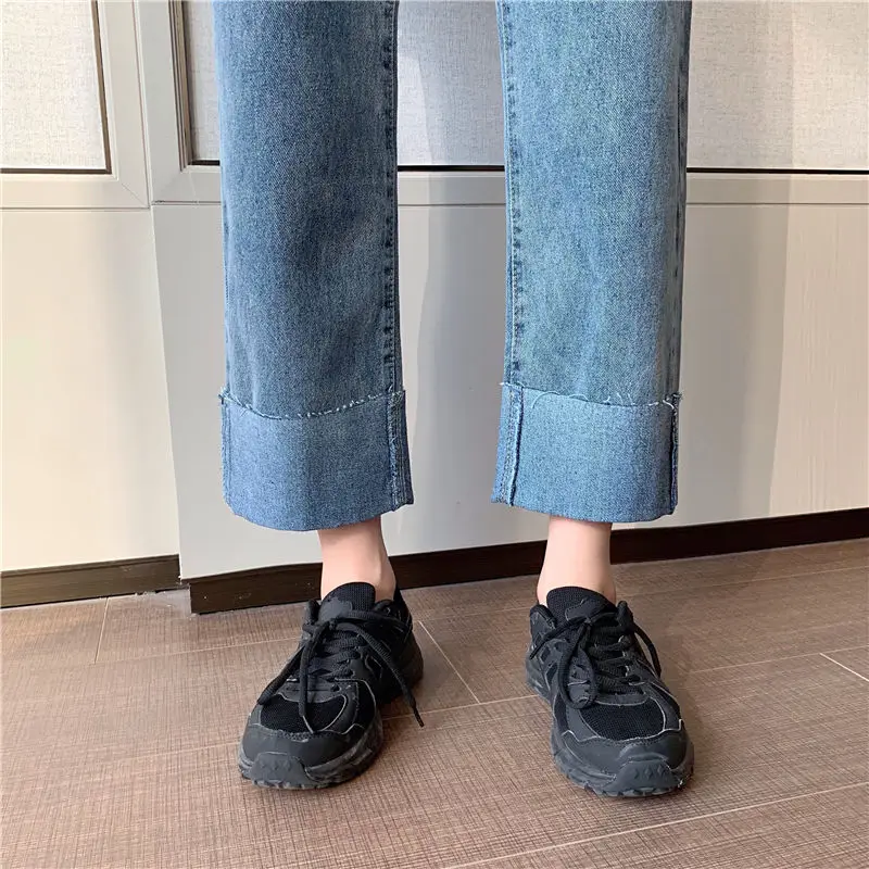 

Jeans Women Straight High Waist Denim Trousers Womens Loose Casual All Match Zipper Fly Ankle-Length Chic Trendy Flanging Soft