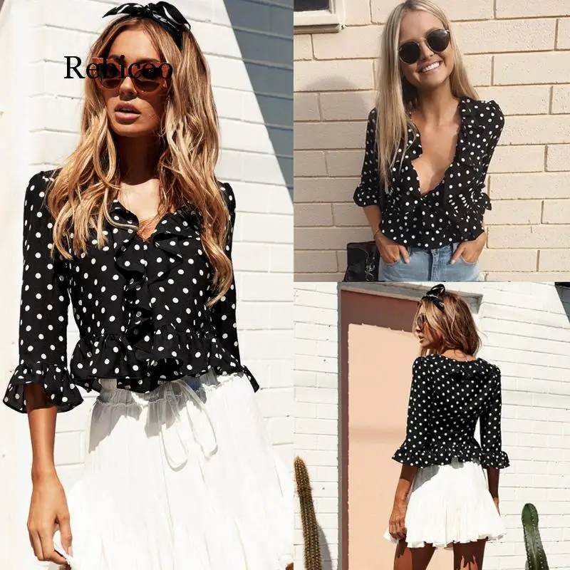 Женская рубашка в горошек свободные топы с V образным вырезом Женские