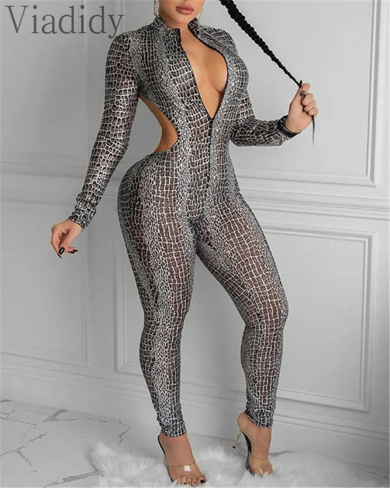

Print Zipper Design Hollow Backless Long Sleeve Skinny Jumpsuit