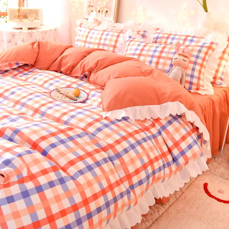 

2021 Spring Orange Lace Bedding Sets 4pcs Children's Girl And Adult Bed Linings Duvet Cover Bed Skirt Pillowcase