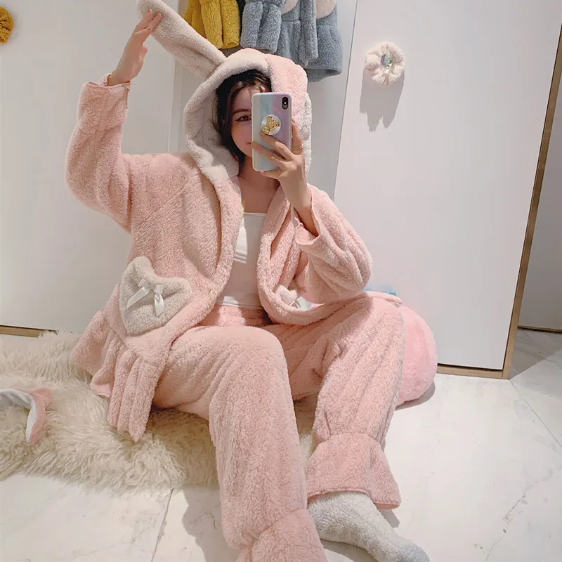

Autumn And Winter Pajamas Women's Suit Hooded Rabbit Ears Cardigan Plush Loose Sweet Cute Thick Warm Outer Wear Pijama Mujer