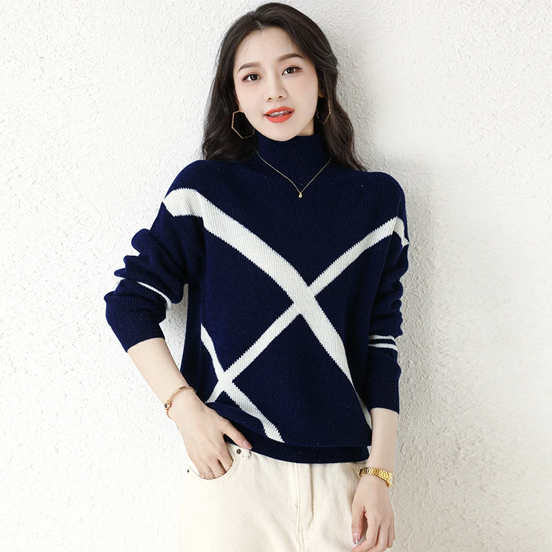 

100% pure wool bottoming shirt women's autumn and winter loose turtle neck fashion thick sweater knitted outside Korean version.