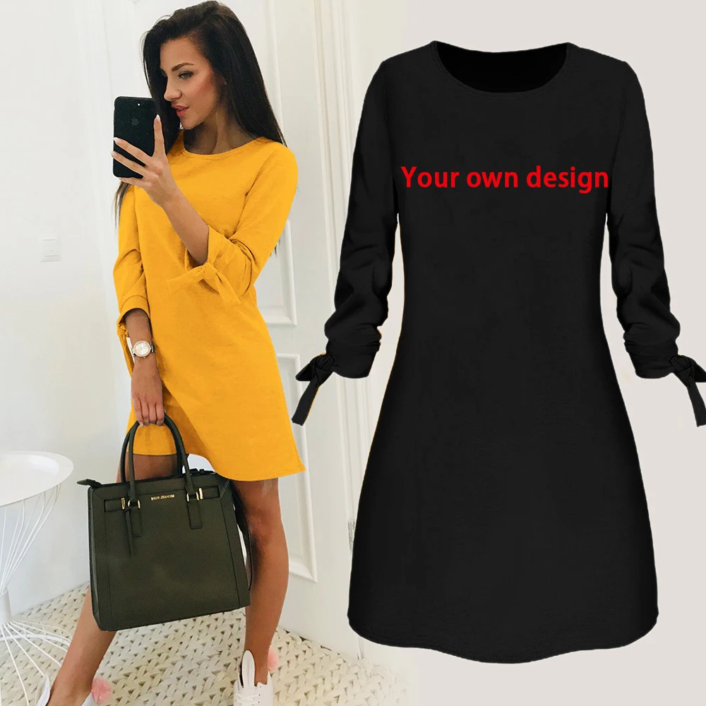 

Loose Woman Dress with Bow 7 Color o Neck Print Your Like Photo or Logo Your Design Female Diy Dresses