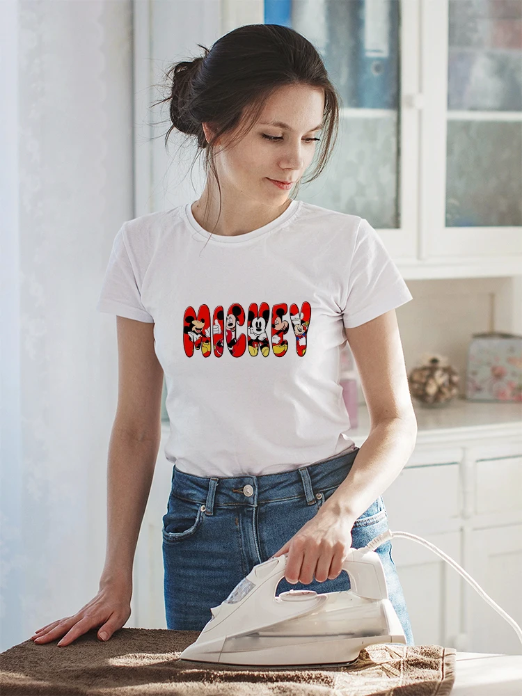 

Mickey Letter Print Casual Harajuku Female Tshirts Disney Short Sleeve Summer Women Clothes Elegant Lady Home T Shirt Top White
