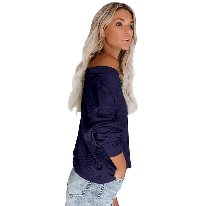 

V-Neck Waffle Women Loose Autumn T Shirts 2019 Ladies off shoulder Lantern Long Sleeve Winter t-shirts femme Plus Size Sexy Tops