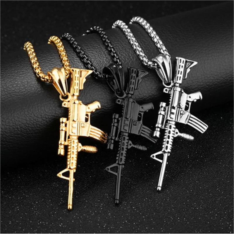 

HipHop Alloy Refined Stylish Iced Out Gold Silvery Color Alloy M4 Gun Pendants Necklace For Men Rapper Jewelry wholesale
