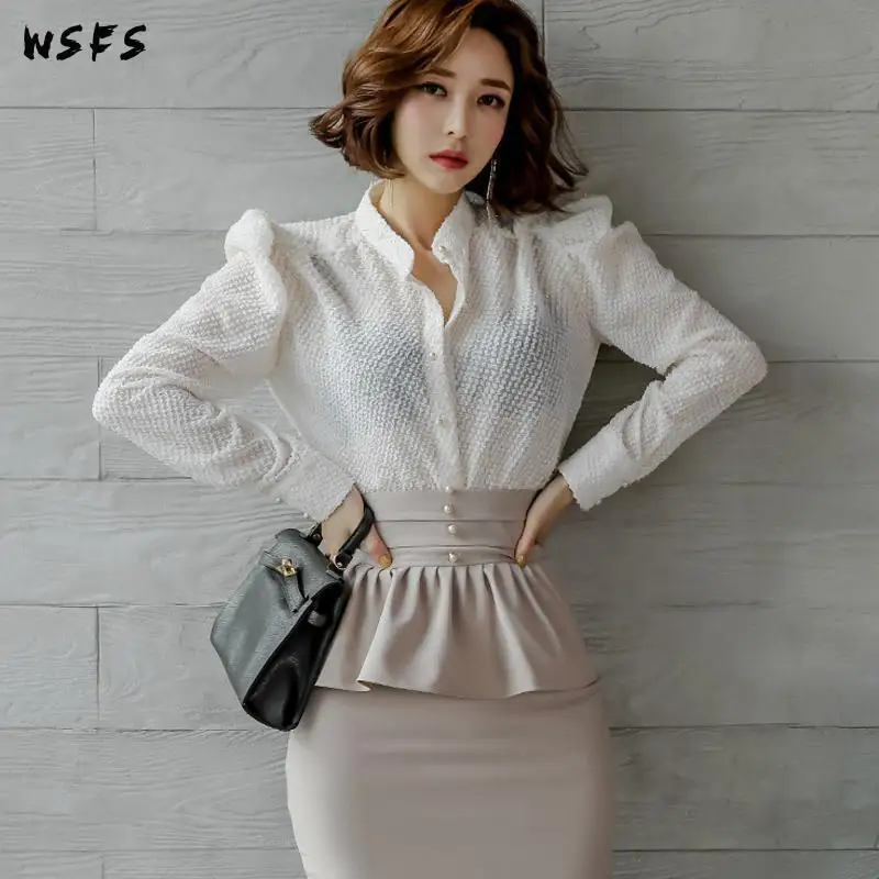 

2 Piece Set Spring Dresses White Shirt Puff Sleeve Ruffles Tops Dress Womens Office Bodycon Khaki Midi Pencil Skirt Sexy Clothes