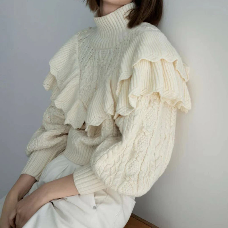 Осенне-зимние короткие женские вязаные пуловеры с высоким воротником свитер