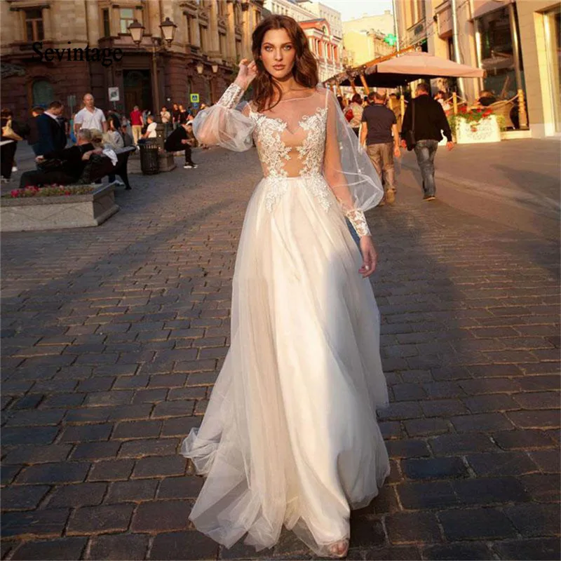 

Sevintage Illusion Long Sleeve Wedding Dresses Lace Appliques Pearls Bride Dress Bohemian vestidos de novia 2020