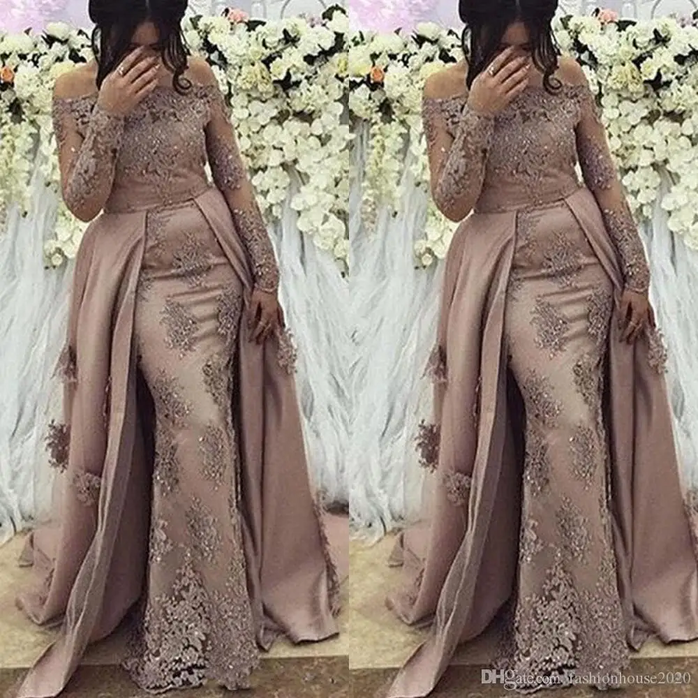 

Sexy Arabic Evening Dresses Wear for Women Off the Shoulder Mermaid Long Sleeves Overskirts Lace Crystal Bead Formal Prom Dress
